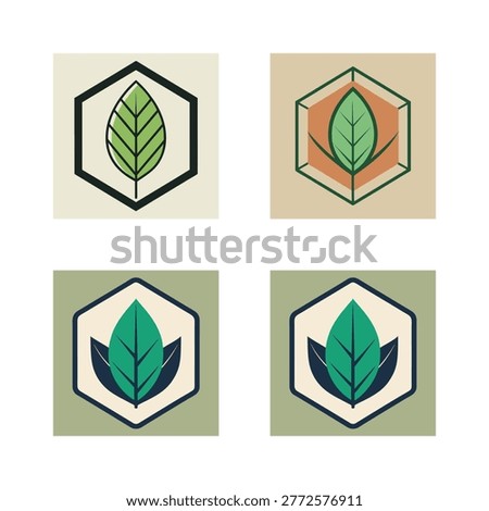 Four distinct green leaf arranged in a grid, each enclosed within a dark hexagon border