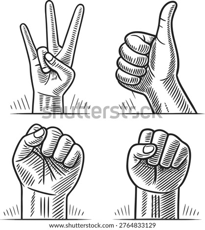 Four distinct hand gestures are displayed on a plain white background in black.