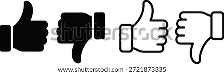 Four distinct hand icons representing like and dislike gestures, available in filled and outlined versions for various uses.