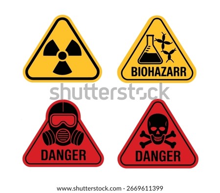 Four distinct hazard warning symbols: radiation, biohazard, gas mask, and skull and crossbones, presented on a white background.