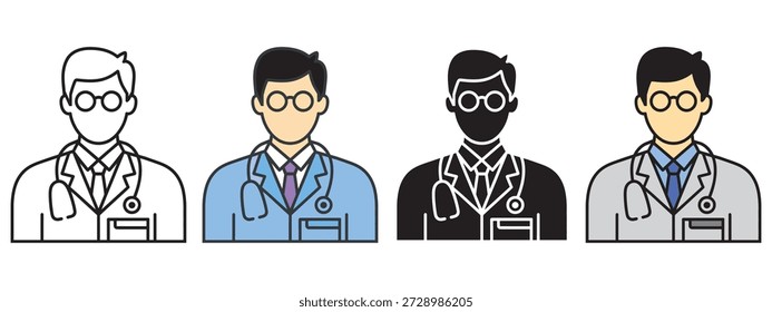 Vier verschiedene Symbolstile, die einen männlichen Arzt mit Stethoskop und Brille darstellen