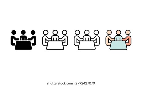 Four distinct icon variations depicting a meeting of people sitting around a table for collaboration and discussion purposes