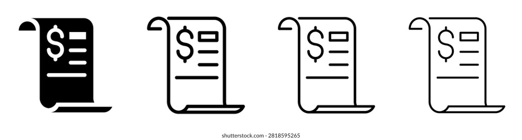 Four distinct icons depict a rolled paper with a dollar sign and lines, representing financial transactions and accounting