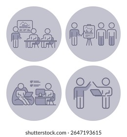 Four distinct icons of different teamwork and collaboration activities. Individuals engaging in discussions, presenting data, and working together at laptops in various settings