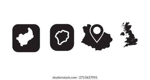 Four distinct icons featuring shapes reminiscent of maps or landmasses in black and white