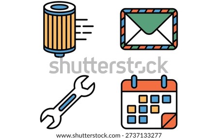 Four distinct icons for filter, envelope, wrench, and calendar are arranged on a white background symbolizing various concepts like maintenance, correspondence, tools, and scheduling for different applications.