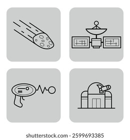 Four distinct icons on space themes, including comet, satellite, laser gun, and observatory. Space exploration and research concept