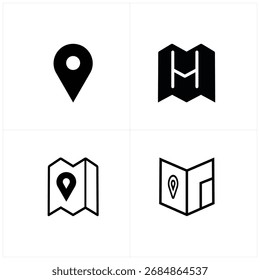 Cuatro iconos distintos que representan mapas y marcadores de ubicación, representados en un simple estilo gráfico en blanco y negro.