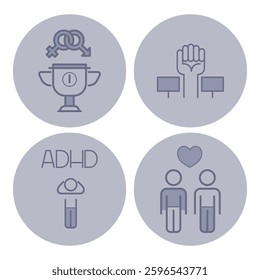 Four distinct icons symbolizing gender equality, activism, ADHD awareness, and diverse relationships. Important social themes