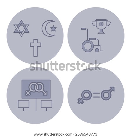 Four distinct icons symbolizing various elements like religion, disability, competition, and gender equality