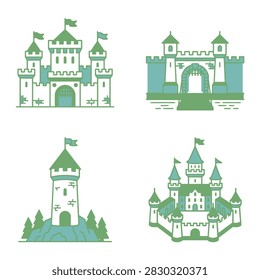 Four distinct illustrations of castles and a tower, presented in a simple, stylized graphic design with green and blue color palette.