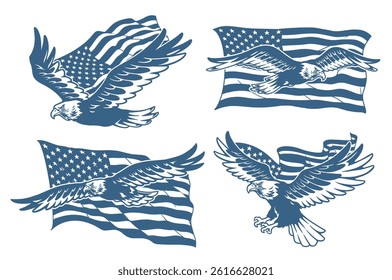 Four distinct illustrations depict eagles in flight each interacting with American flags. The designs convey a sense of patriotism and freedom in a creative format.