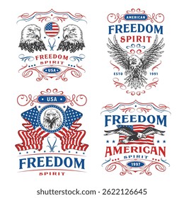 Quatro ilustrações distintas apresentam águias e símbolos do orgulho americano. Cada desenho exibe cores e mensagens patrióticas celebrando a liberdade e o espírito americano.