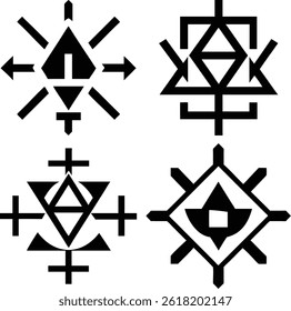 Four distinct, intricate geometric symbols, featuring triangles, crosses, and arrows, are presented against a plain white background.