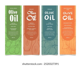 Four distinct labels for olive oil highlight their unique characteristics and health benefits, aiming to attract buyers in a local market.