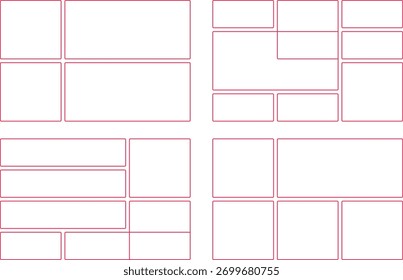 Four distinct layout grid options, each offering unique arrangements for content placement. Ideal for web design, print, and visual design projects. 150 characters.