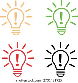 Cuatro iconos de bombilla distintos con signos de exclamación, que representan ideas e innovación, se presentan en naranja vibrante, verde, rojo y negro.