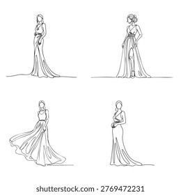 Four distinct line art illustrations of women in elegant, flowing gowns, showcasing different poses and dress styles.