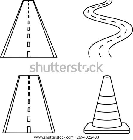 Four distinct line art illustrations depict a straight road, a winding road, another straight road, and a traffic cone.