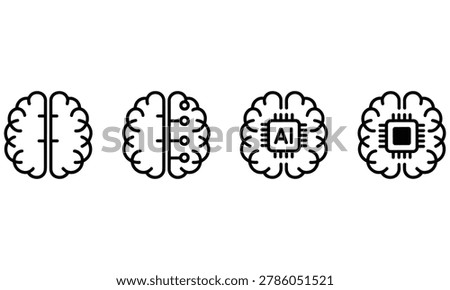 Four distinct linear brain icons showing technological evolution from organic human anatomy to integrated artificial intelligence and advanced digital processors