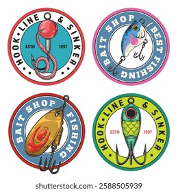 Four distinct logo designs showcase vibrant fishing bait illustrations. Each logo highlights different fishing gear and emphasizes a commitment to quality and fun in angling.