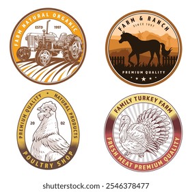 Four distinct logos feature a vintage tractor a horse a chicken and a turkey each representing various farm and ranch products with a premium quality theme.