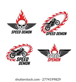 Four distinct logos featuring motorcycles, skulls, flames, and wings, with the text 'SPEED DEMON' or 'SPEED SPEMON' prominently displayed, symbolizing speed and power.