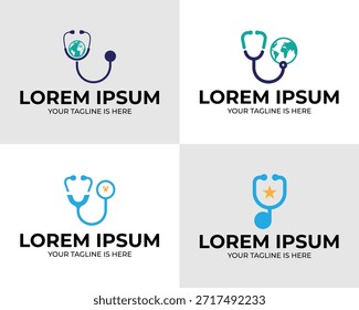 Vier verschiedene Logos mit Stethoskopen kombiniert mit einem Globus oder Sternzeichen. Die Farben umfassen Marinefarbe, Teal, Blau und Orange auf hellgrauem und weißem Hintergrund.