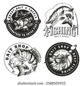 Four distinct logos showcase a fishing bait shop's branding. Emphasizing quality catch the designs feature fish fishing rods and tackle elements appealing to enthusiasts and hobbyists alike.