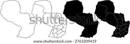 Four distinct map representations of Paraguay arranged horizontally. The two on the left feature thin black outlines on a white background, one showing the national border and the other including internal department boundaries. The two on the right are solid black silhouettes, one representing the country as a single shape and the other displaying the segmented administrative divisions with thin white lines separating the individual departments. The style is clean, flat, and high-contrast.