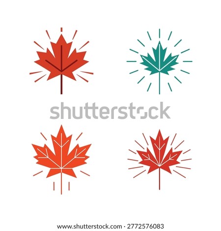 Four distinct maple leaf in red and teal colors with radiating lines on white background