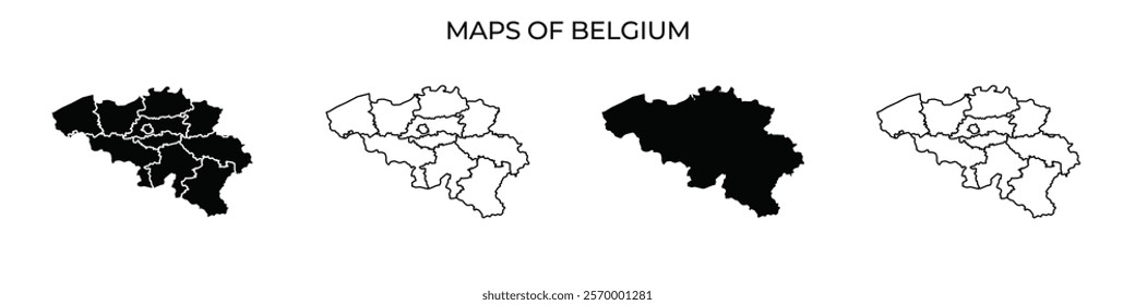 Four distinct maps highlight various regions of Belgium, showcasing borders and divisions. The designs reflect geographical variations in black and white formats.