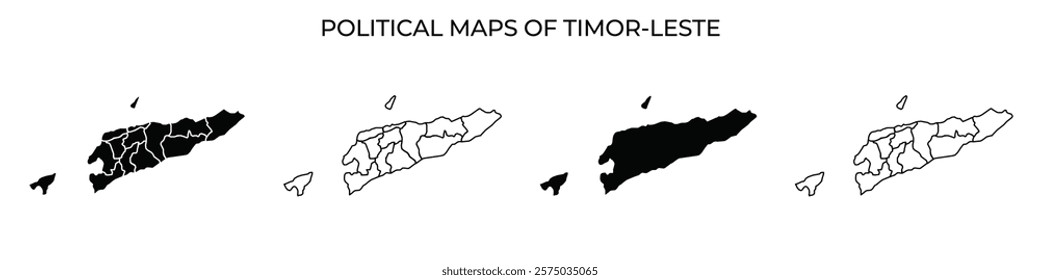 Four distinct maps illustrate the political divisions of Timor Leste, highlighting various regions and boundaries. Each map reflects the changing political landscape over time.