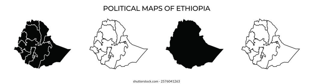 Four distinct maps showcase the political regions of Ethiopia, highlighting boundaries and changes over time. Each map presents a different representation of the countrys political landscape.