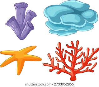 Quatro elementos distintos da vida marinha, incluindo coral, esponja do mar e estrela-do-mar no fundo branco
