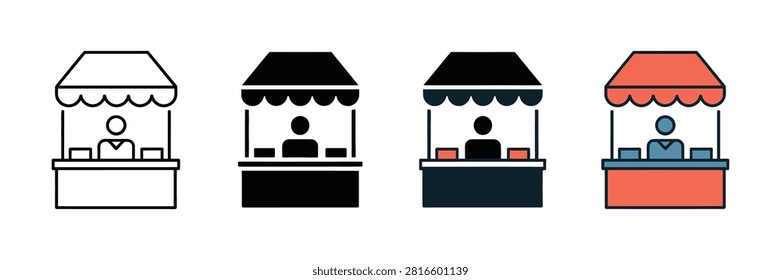 Four distinct minimalist vector icons displaying a small market stall stand with a vendor present in a flat graphic style