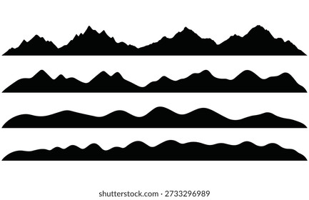 Vier verschiedene Silhouetten der Bergkette sind horizontal angeordnet, jede mit einzigartigen Spitzenkonfigurationen und Profilen, die einen visuell ansprechenden Kontrast auf einem sauberen weißen Hintergrund erzeugen, perfekt für Design- und Illustrationszwecke.