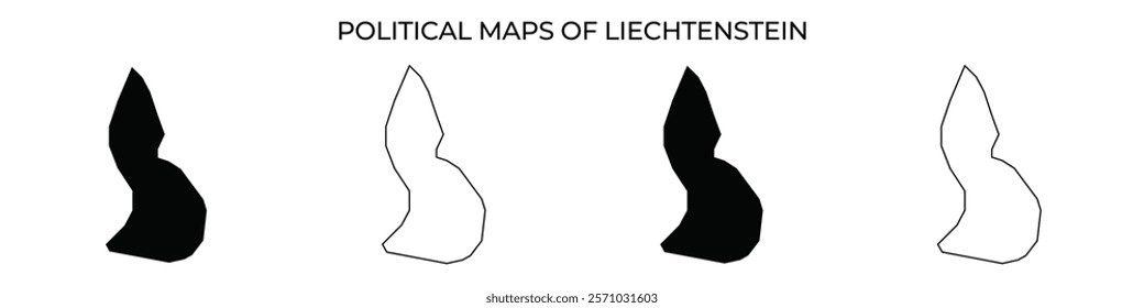 Four distinct outlines represent political maps of Liechtenstein. Each map is in a different orientation or style, emphasizing the unique shape of the country.