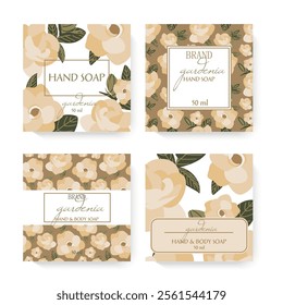 Four distinct packaging designs showcasing floral patterns. Hand soap packaging designs featuring flowers and leaves.