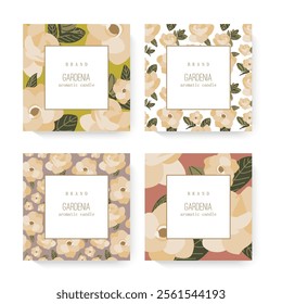 Four distinct packaging designs showcasing floral patterns. Candle packaging designs featuring flowers and leaves.