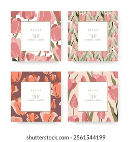 Four distinct packaging designs showcasing floral patterns. Candle packaging designs featuring flowers and leaves.