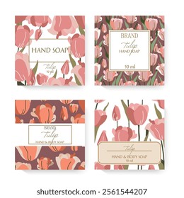 Four distinct packaging designs showcasing floral patterns. Hand soap packaging designs featuring flowers and leaves.