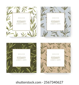 Four distinct packaging designs showcasing herbs patterns. Candle packaging designs featuring herbs and leaves.