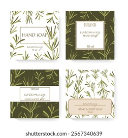 Four distinct packaging designs showcasing herbs patterns. Hand soap packaging designs featuring herbs and leaves.