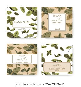 Four distinct packaging designs showcasing herbs patterns. Hand soap packaging designs featuring herbs and leaves.