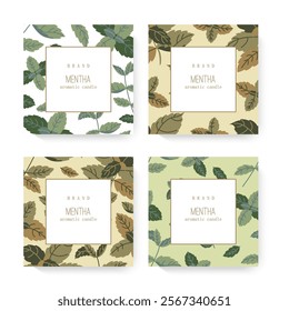 Four distinct packaging designs showcasing herbs patterns. Candle packaging designs featuring herbs and leaves.