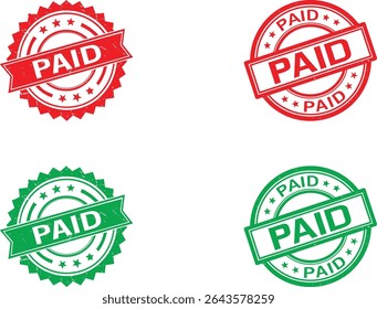Four distinct 'PAID' stamps in red and green variations.  These grunge-style stamps feature circular and banner designs, ideal for indicating payment confirmation or transaction completion in various