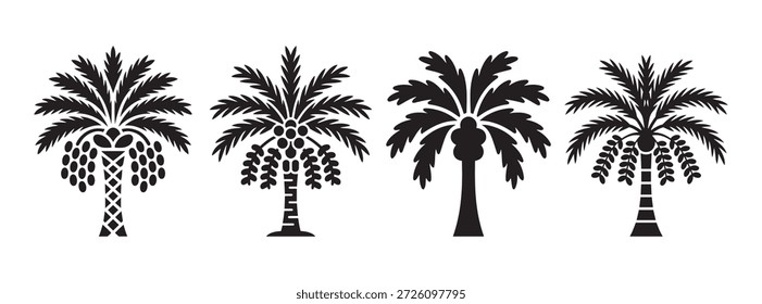 Cuatro Ilustraciones vectoriales de palmeras distintas con racimos de dátiles y frondas estilizadas para temas exóticos y agrícolas.