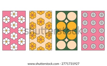 Four distinct panels featuring retro floral and circular patterns in pink peach green and yellow retro pattern