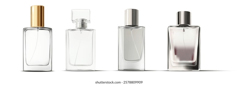 Four distinct perfume bottles are arranged neatly, each featuring a different design and cap style. The clean lines and transparent glass create a modern aesthetic suitable for a futuristic setting.